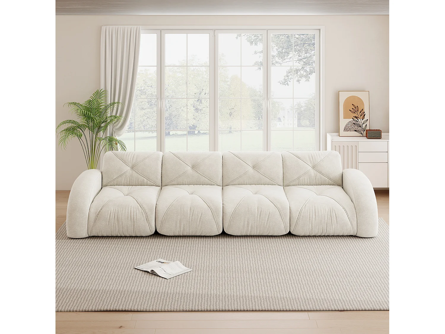 Canapé 4 Plazas Modular en Chenilla, Diseño Minimalista sin Marco, Asiento Profundo y Majestuoso - Blanco