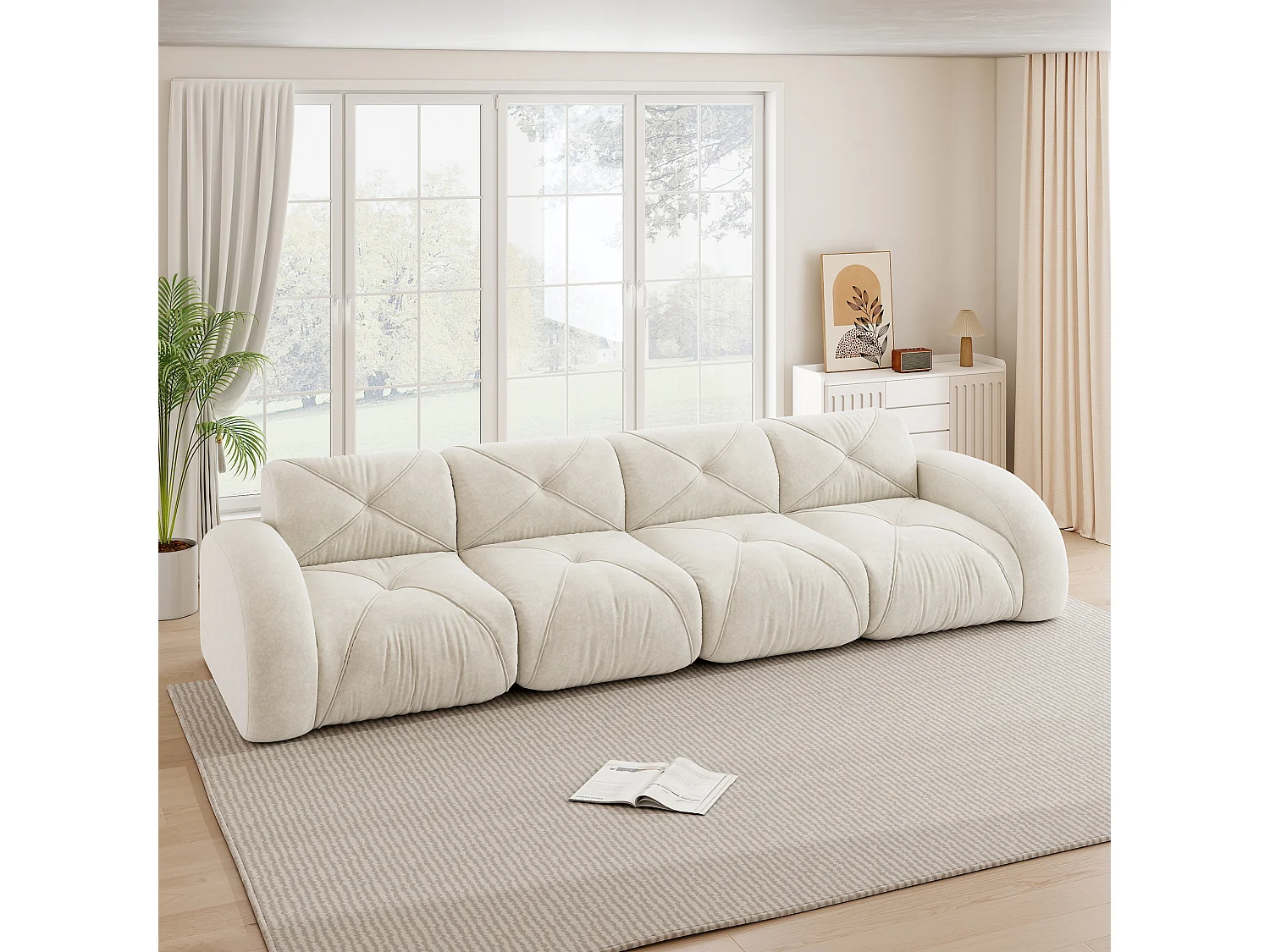 Canapé 4 Plazas Modular en Chenilla, Diseño Minimalista sin Marco, Asiento Profundo y Majestuoso - Blanco