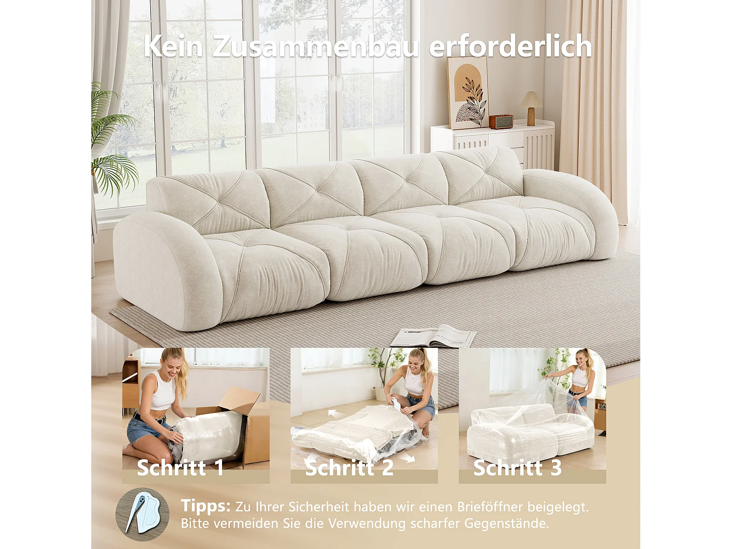 Canapé 4 Plazas Modular en Chenilla, Diseño Minimalista sin Marco, Asiento Profundo y Majestuoso - Blanco
