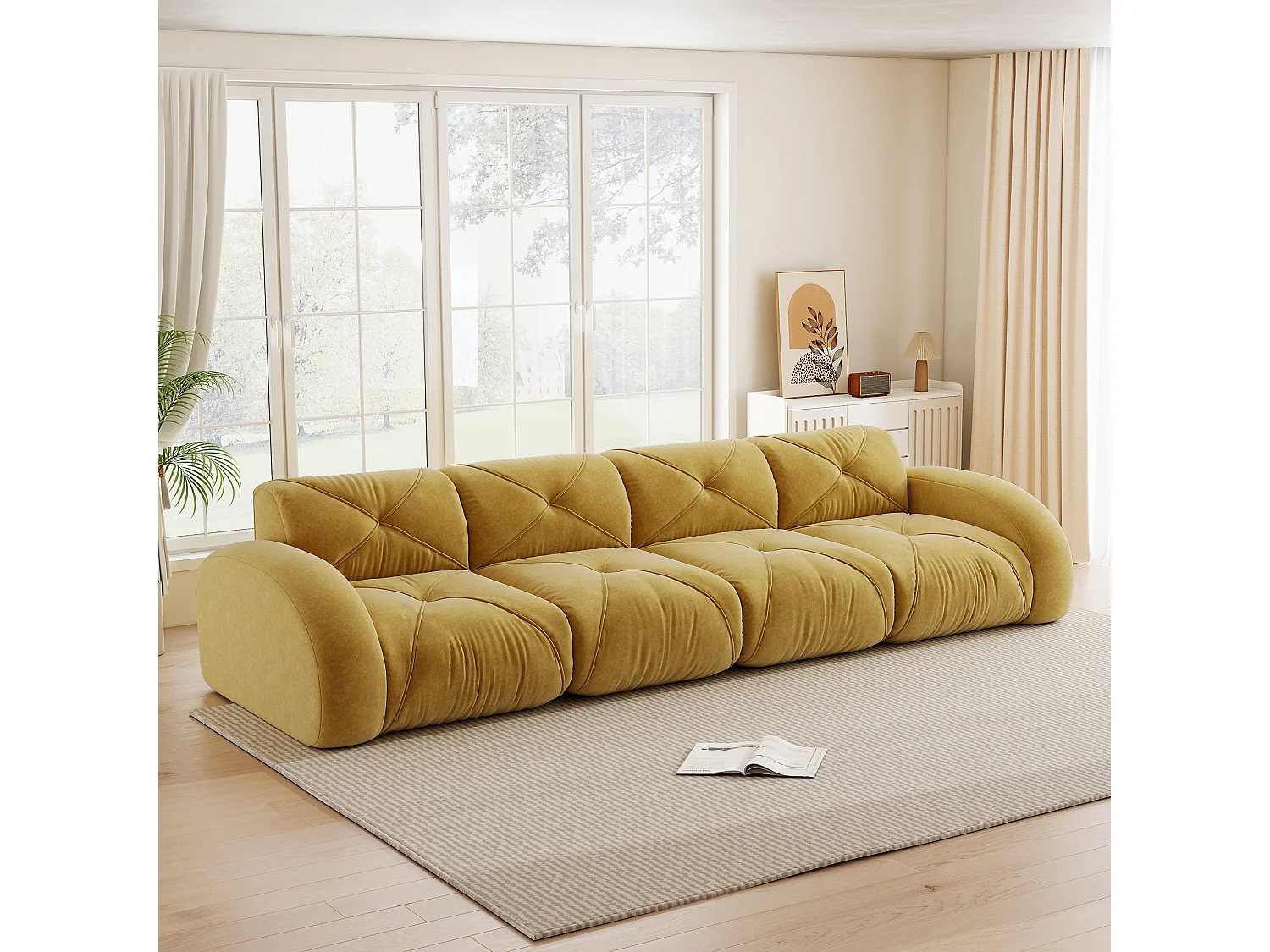 Canapé 4 Places Modulaire en Chenille, Design Minimaliste sans Cadre, Assise Profonde et Majestueuse - Jaune