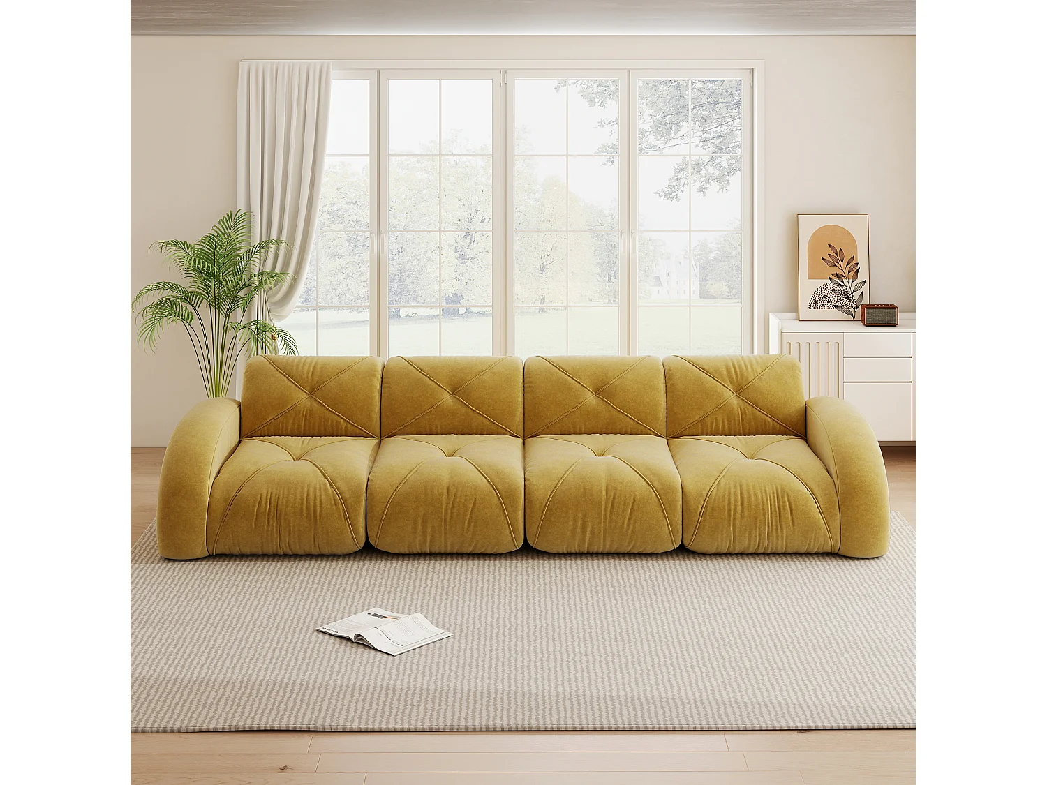 Canapé 4 Places Modulaire en Chenille, Design Minimaliste sans Cadre, Assise Profonde et Majestueuse - Jaune