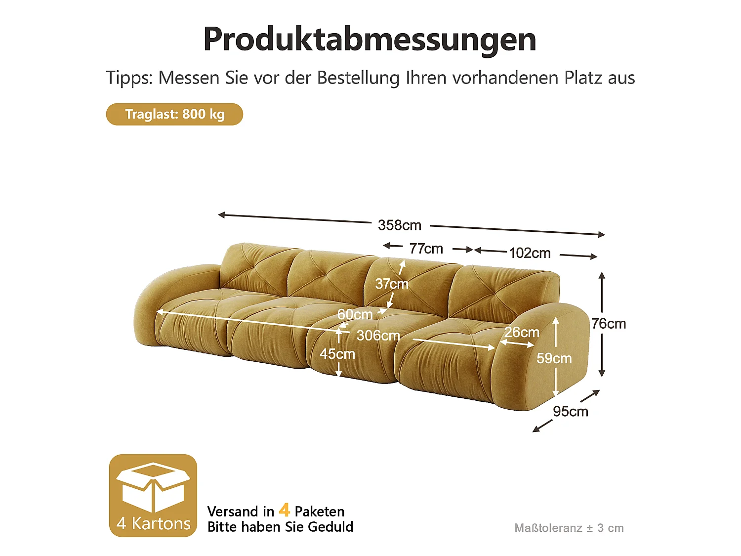 Canapé 4 Places Modulaire en Chenille, Design Minimaliste sans Cadre, Assise Profonde et Majestueuse - Jaune