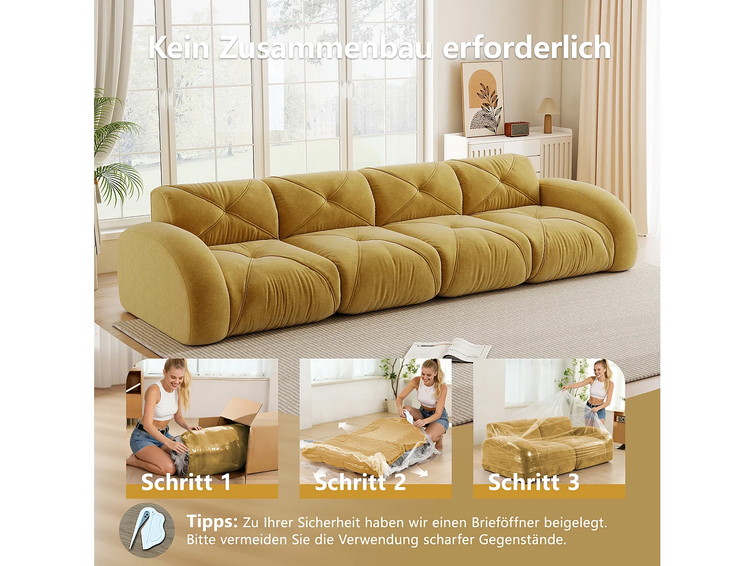 Canapé 4 Places Modulaire en Chenille, Design Minimaliste sans Cadre, Assise Profonde et Majestueuse - Jaune