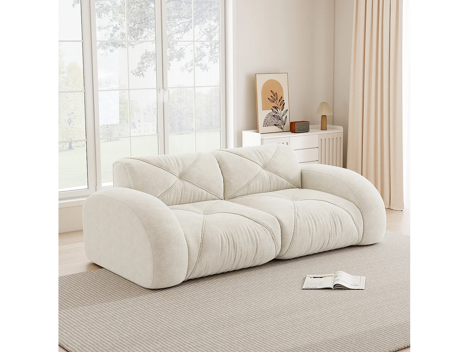 Canapé 2 Places Modulaire en Chenille, Design Minimaliste sans Cadre, Assise Profonde et Confortable - Blanc
