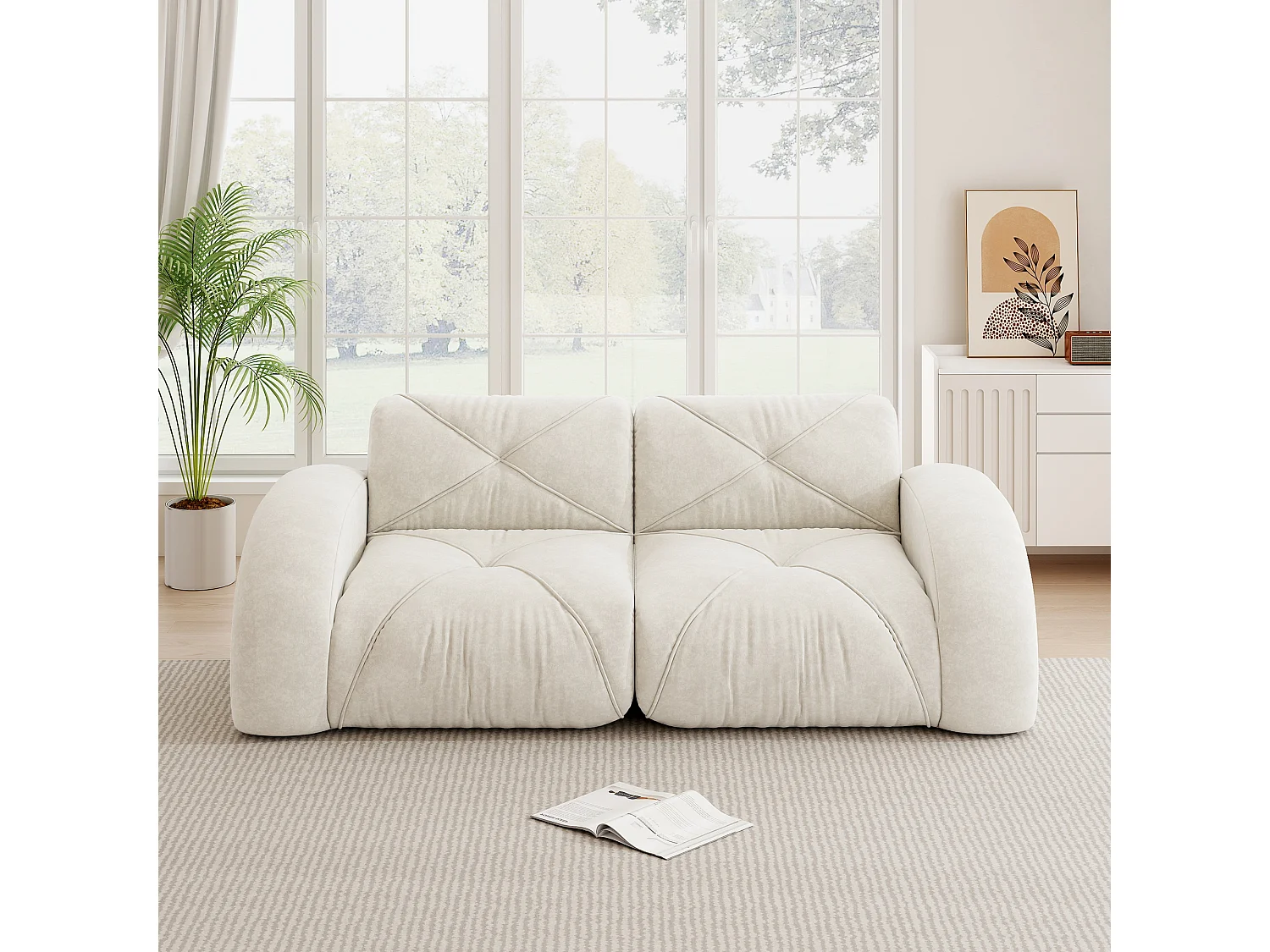 Canapé 2 Places Modulaire en Chenille, Design Minimaliste sans Cadre, Assise Profonde et Confortable - Blanc