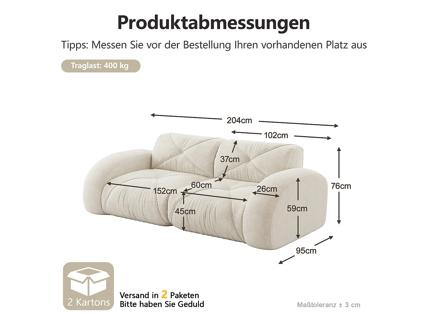 Canapé 2 Places Modulaire en Chenille, Design Minimaliste sans Cadre, Assise Profonde et Confortable - Blanc