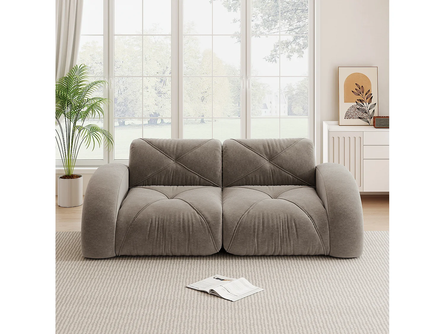 Canapé 2 Places Modulaire en Chenille, Design Minimaliste sans Cadre, Assise Profonde et Confortable - Marron