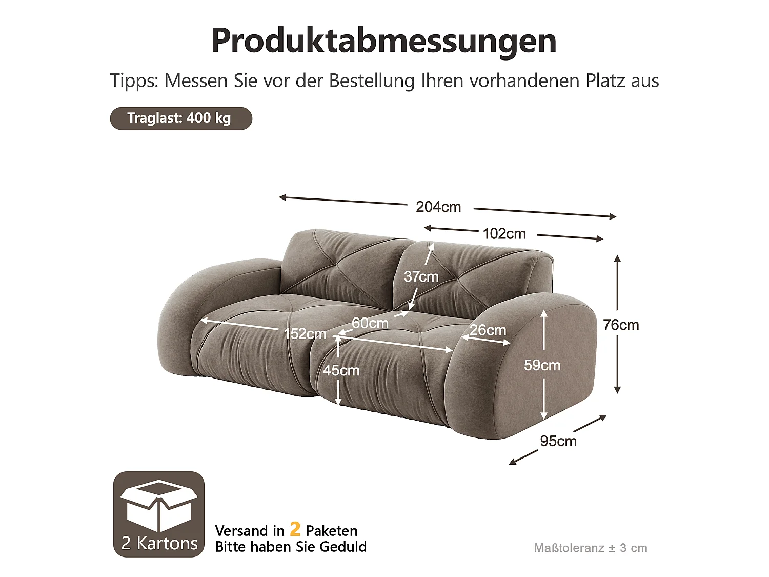 Canapé 2 Places Modulaire en Chenille, Design Minimaliste sans Cadre, Assise Profonde et Confortable - Marron