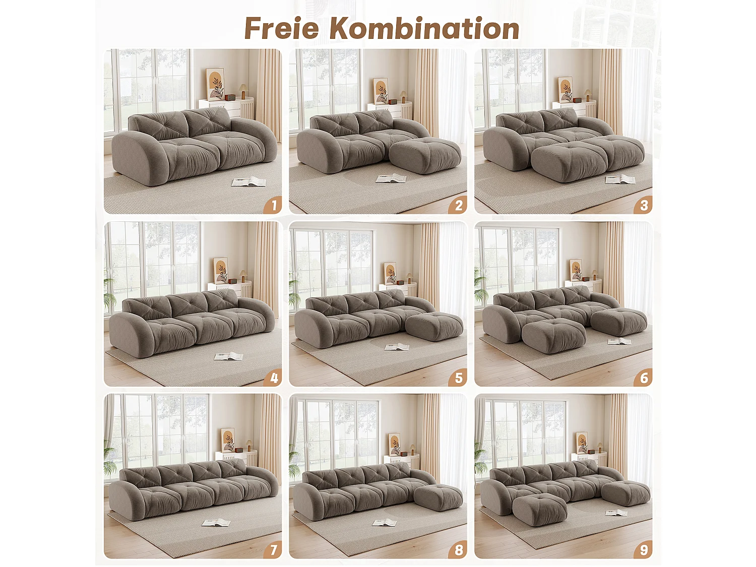 Canapé 2 Places Modulaire en Chenille, Design Minimaliste sans Cadre, Assise Profonde et Confortable - Marron