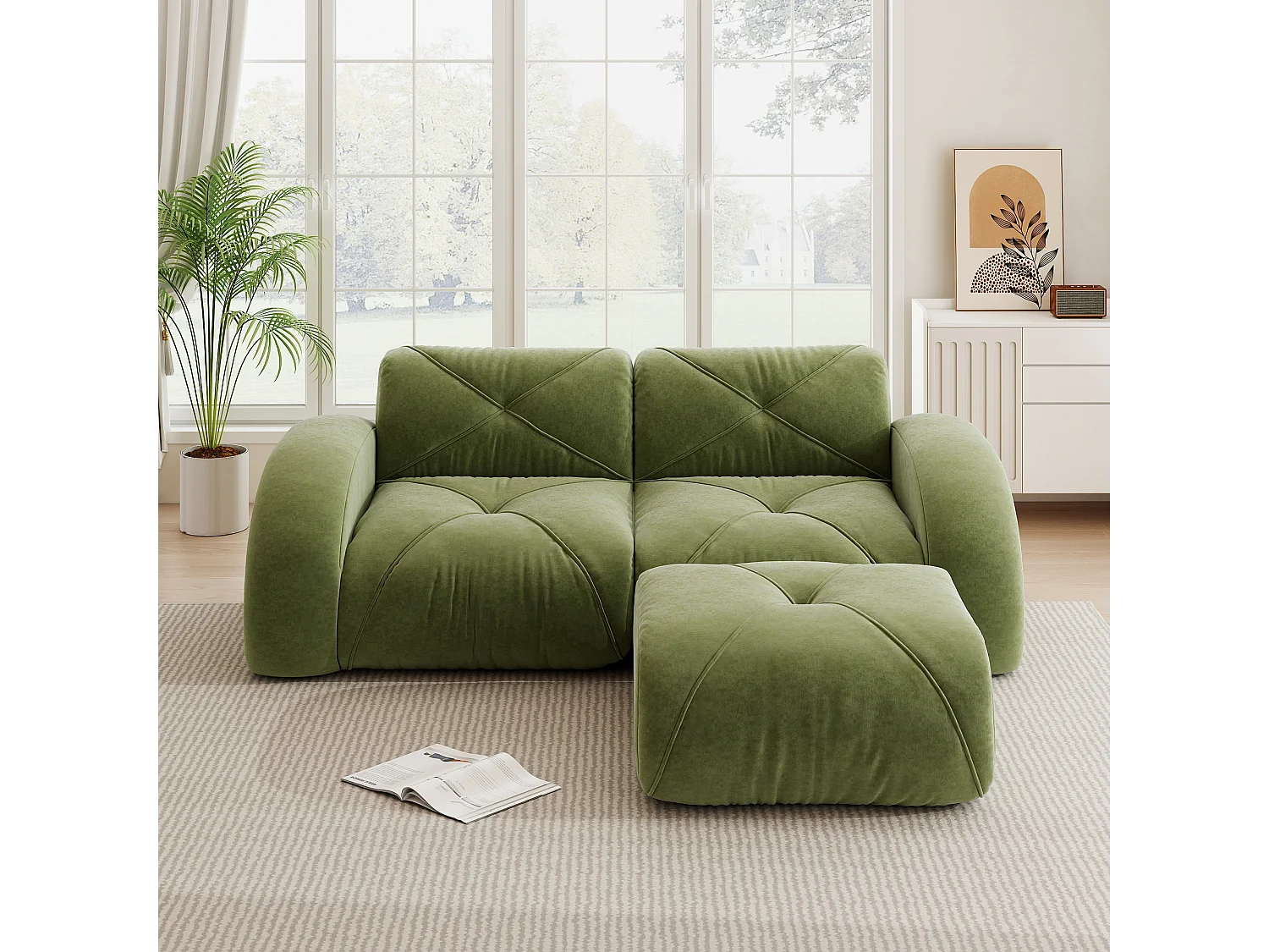 Canapé d'Angle Modulaire 2 Places avec Pouf en Chenille, Design Minimaliste sans Cadre, Assise Profonde et Flexible - Vert