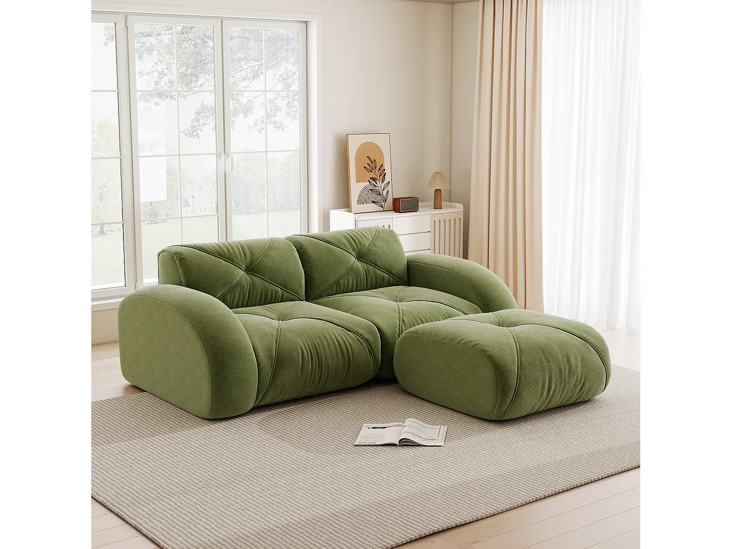 Canapé d'Angle Modulaire 2 Places avec Pouf en Chenille, Design Minimaliste sans Cadre, Assise Profonde et Flexible - Vert