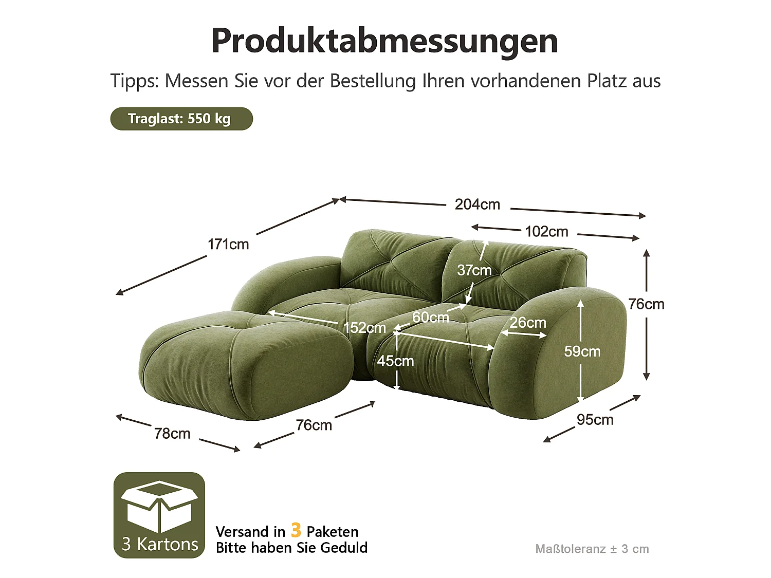 Canapé d'Angle Modulaire 2 Places avec Pouf en Chenille, Design Minimaliste sans Cadre, Assise Profonde et Flexible - Vert