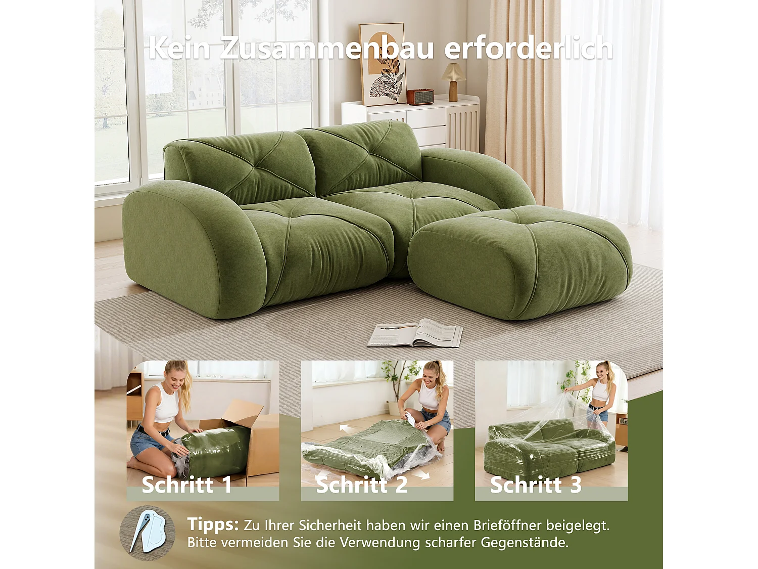 Canapé d'Angle Modulaire 2 Places avec Pouf en Chenille, Design Minimaliste sans Cadre, Assise Profonde et Flexible - Vert