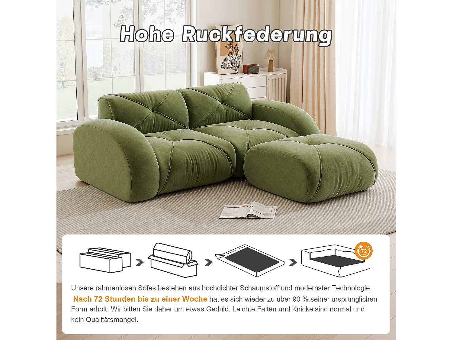 Canapé d'Angle Modulaire 2 Places avec Pouf en Chenille, Design Minimaliste sans Cadre, Assise Profonde et Flexible - Vert