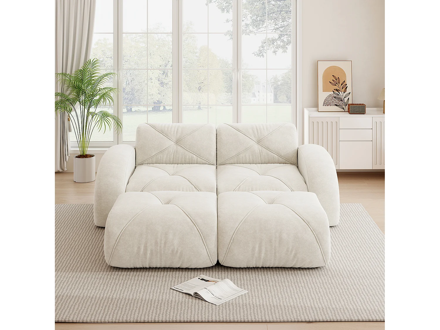 Canapé 2 Places Modulaire avec 2 Poufs en Chenille, Design Minimaliste sans Cadre, Assise Profonde et Flexible - Blanc