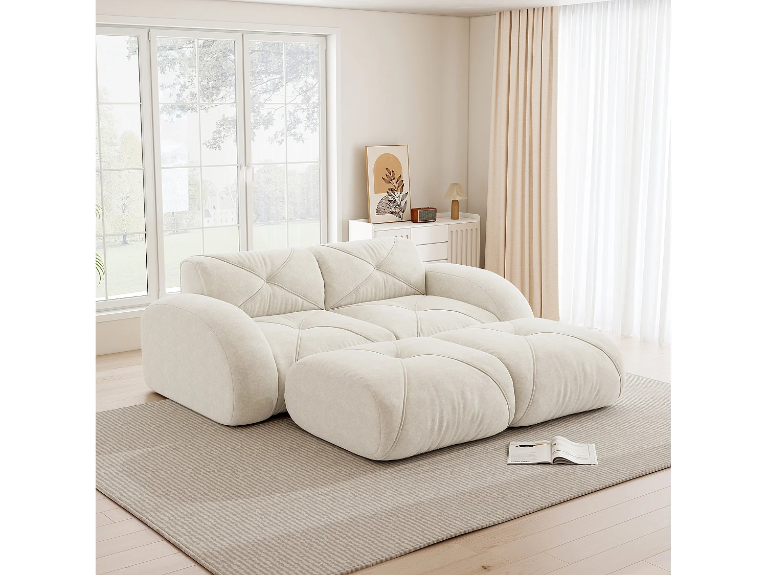 Canapé 2 Places Modulaire avec 2 Poufs en Chenille, Design Minimaliste sans Cadre, Assise Profonde et Flexible - Blanc