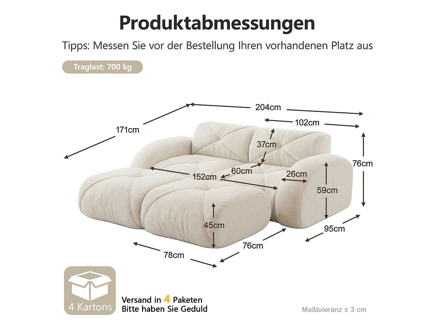Canapé 2 Places Modulaire avec 2 Poufs en Chenille, Design Minimaliste sans Cadre, Assise Profonde et Flexible - Blanc
