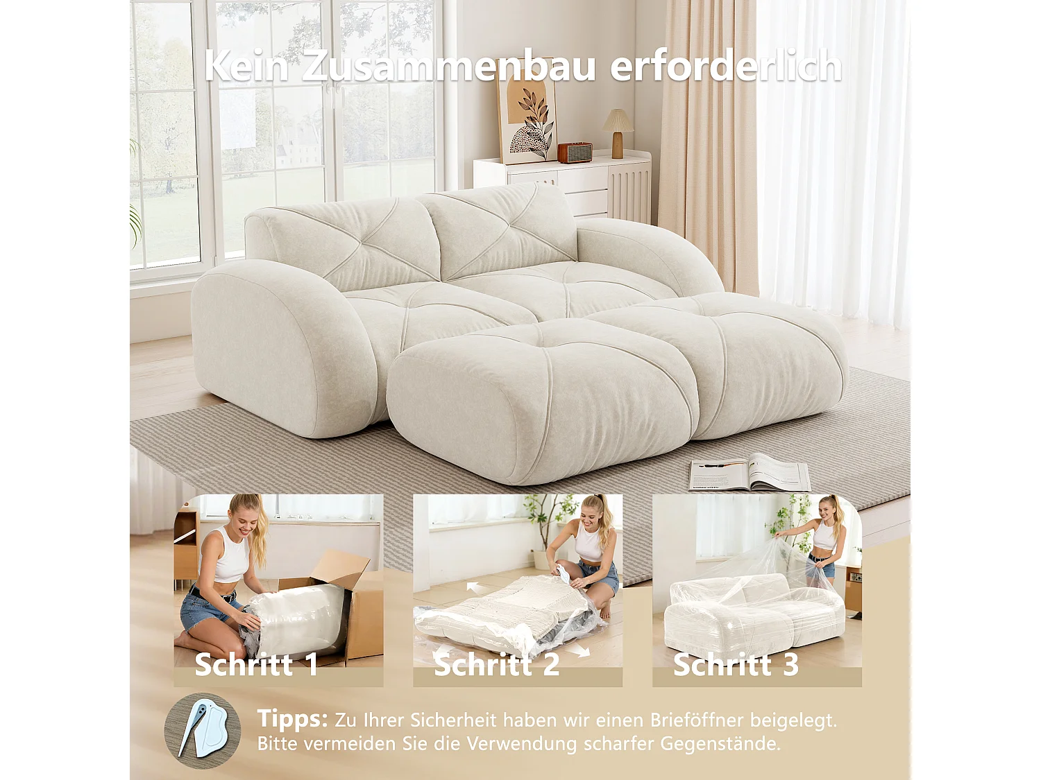 Canapé 2 Places Modulaire avec 2 Poufs en Chenille, Design Minimaliste sans Cadre, Assise Profonde et Flexible - Blanc