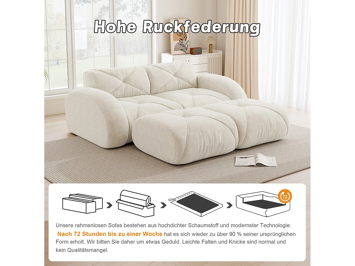 Canapé 2 Places Modulaire avec 2 Poufs en Chenille, Design Minimaliste sans Cadre, Assise Profonde et Flexible - Blanc