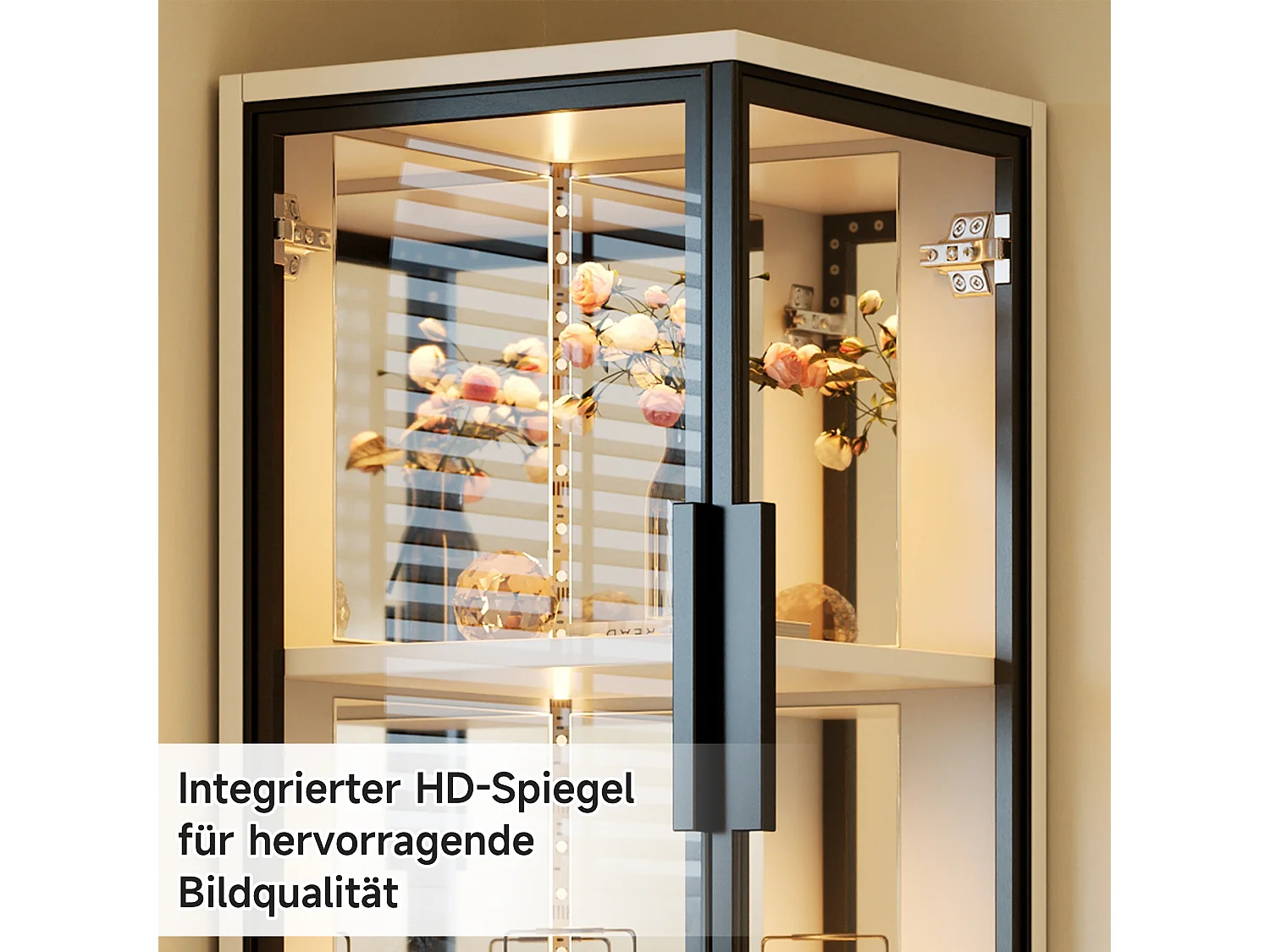 Glashjørnemontre 44x42x164 cm - 4 glasdøre - bagside med spejl - LED-belysning - spånplader - hvid