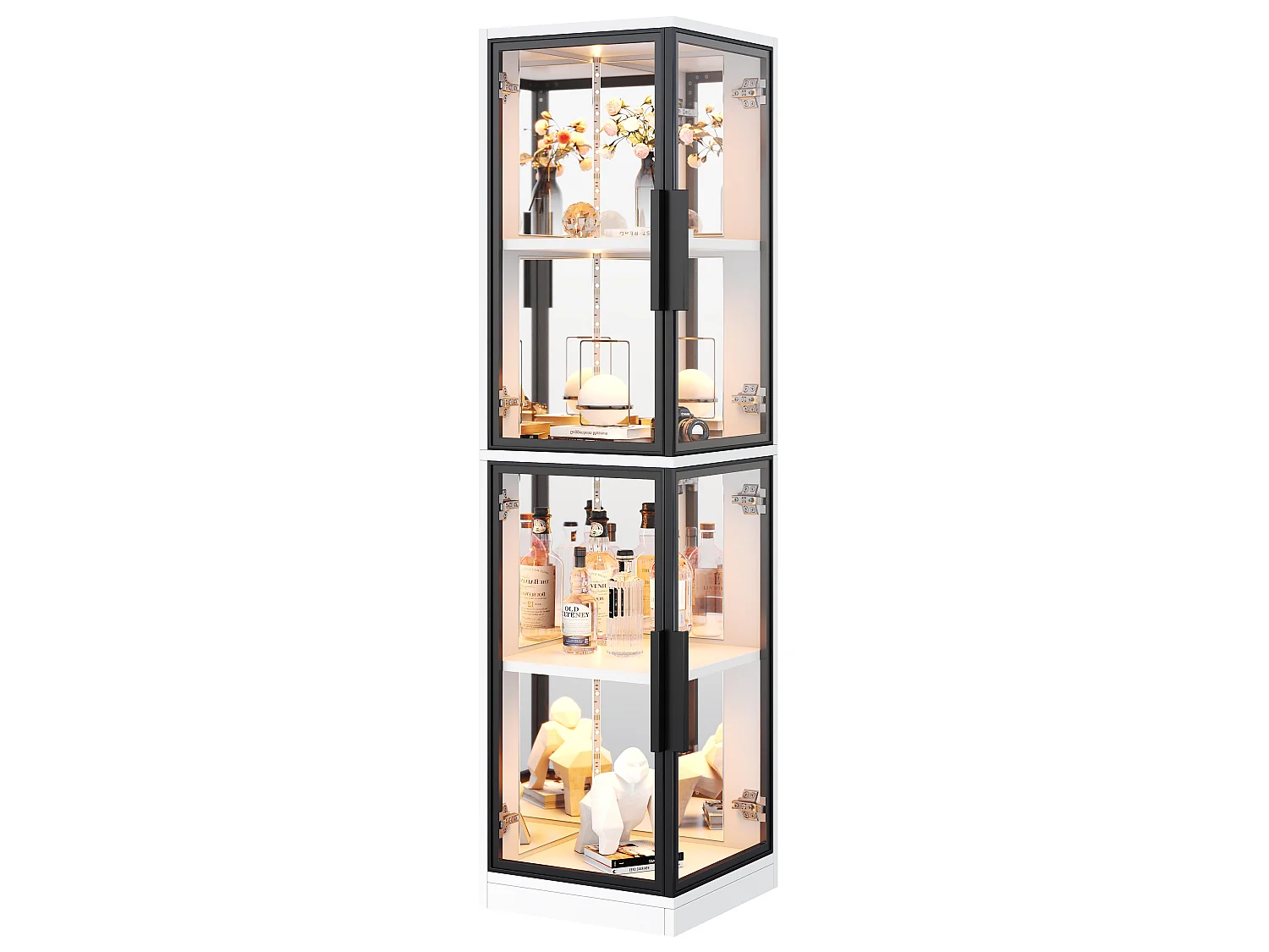 Glashjørnemontre 44x42x164 cm - 4 glasdøre - bagside med spejl - LED-belysning - spånplader - hvid