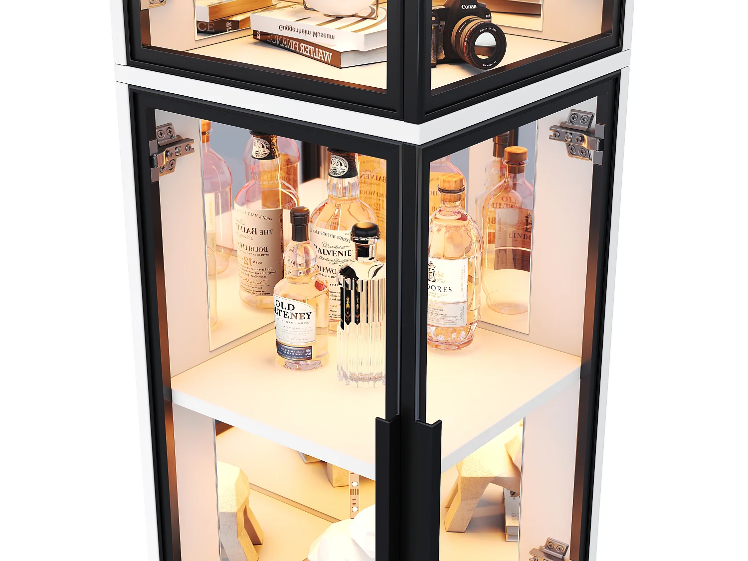 Glashjørnemontre 44x42x164 cm - 4 glasdøre - bagside med spejl - LED-belysning - spånplader - hvid