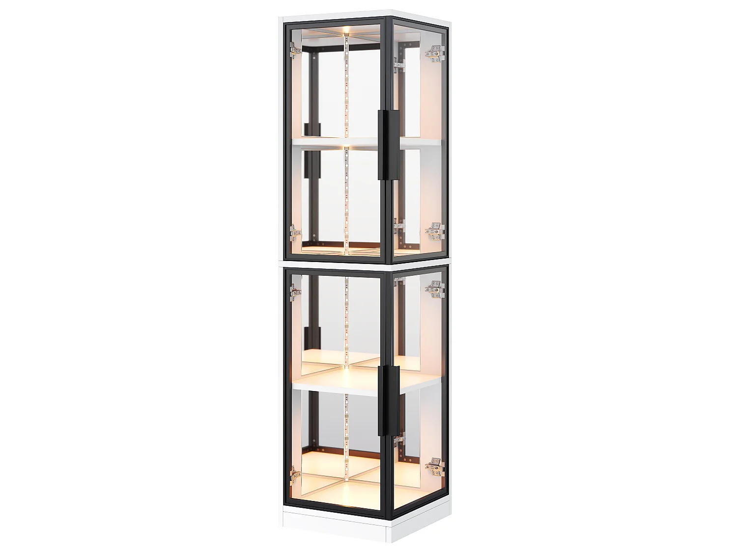 Glashjørnemontre 44x42x164 cm - 4 glasdøre - bagside med spejl - LED-belysning - spånplader - hvid