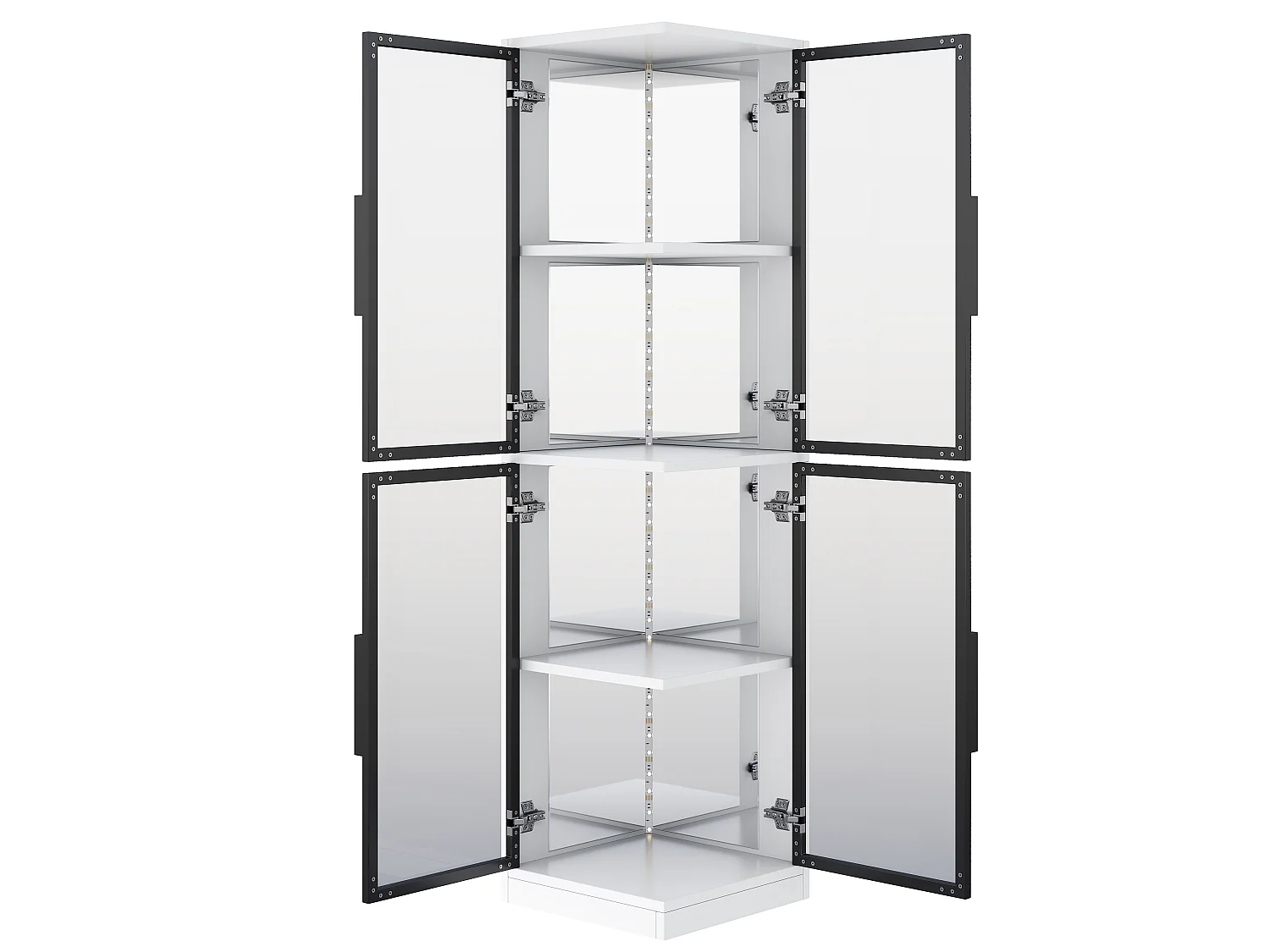 Glashjørnemontre 44x42x164 cm - 4 glasdøre - bagside med spejl - LED-belysning - spånplader - hvid