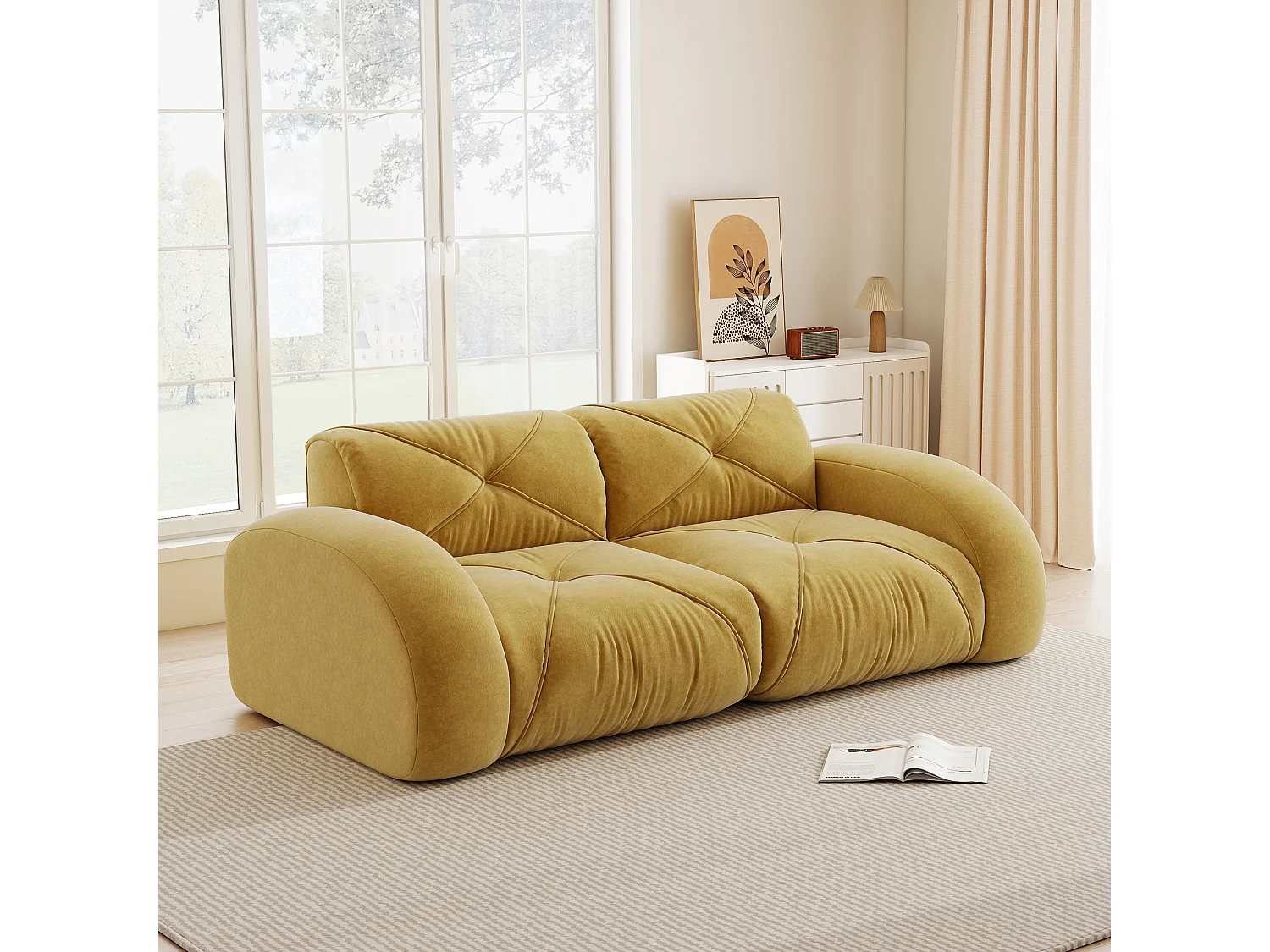 Canapé 2 Places Modulaire en Chenille, Design Minimaliste sans Cadre, Assise Profonde et Confortable - Jaune