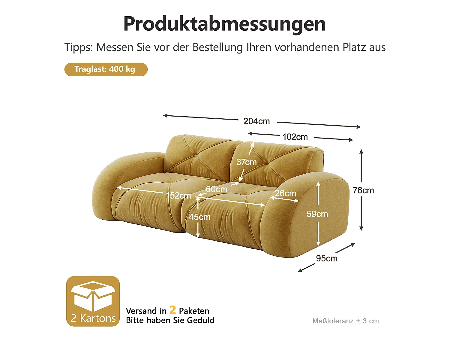 Canapé 2 Places Modulaire en Chenille, Design Minimaliste sans Cadre, Assise Profonde et Confortable - Jaune