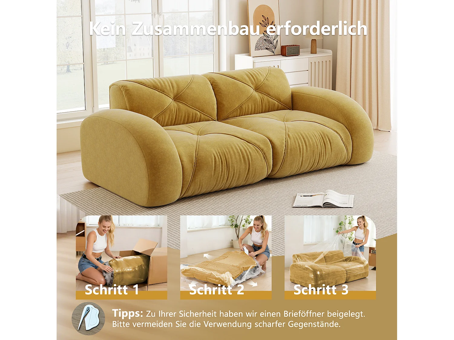 Canapé 2 Places Modulaire en Chenille, Design Minimaliste sans Cadre, Assise Profonde et Confortable - Jaune