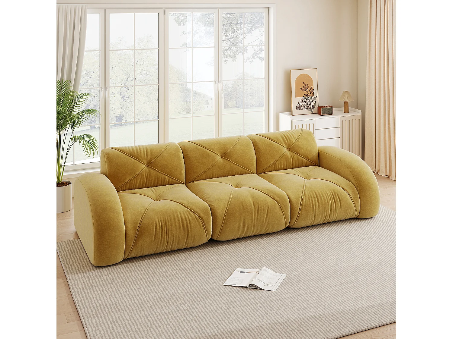 Canapé 3 Places Modulaire en Chenille, Design Minimaliste sans Cadre, Assise Profonde et Confortable - Jaune