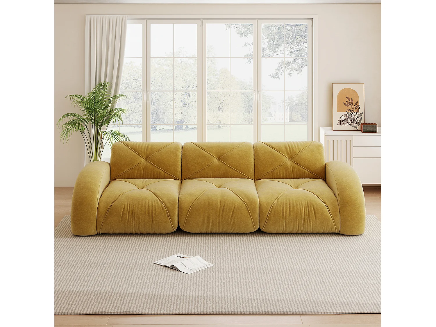 Canapé 3 Places Modulaire en Chenille, Design Minimaliste sans Cadre, Assise Profonde et Confortable - Jaune
