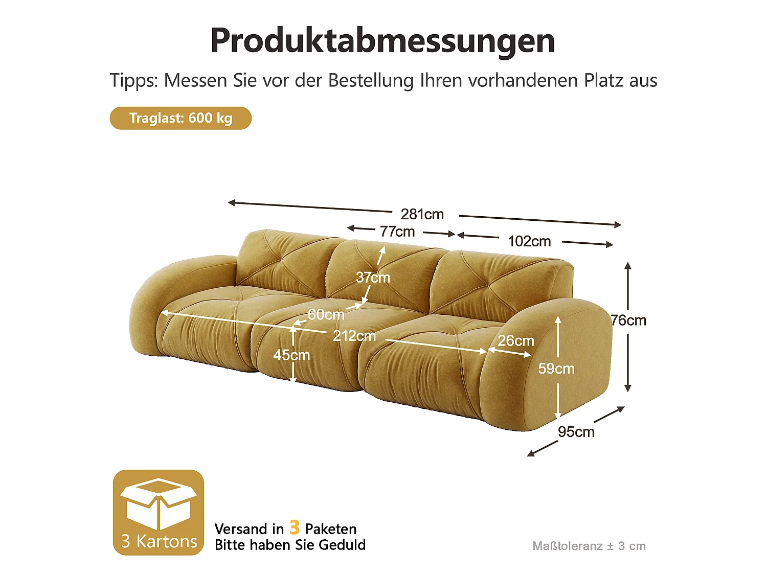 Canapé 3 Places Modulaire en Chenille, Design Minimaliste sans Cadre, Assise Profonde et Confortable - Jaune