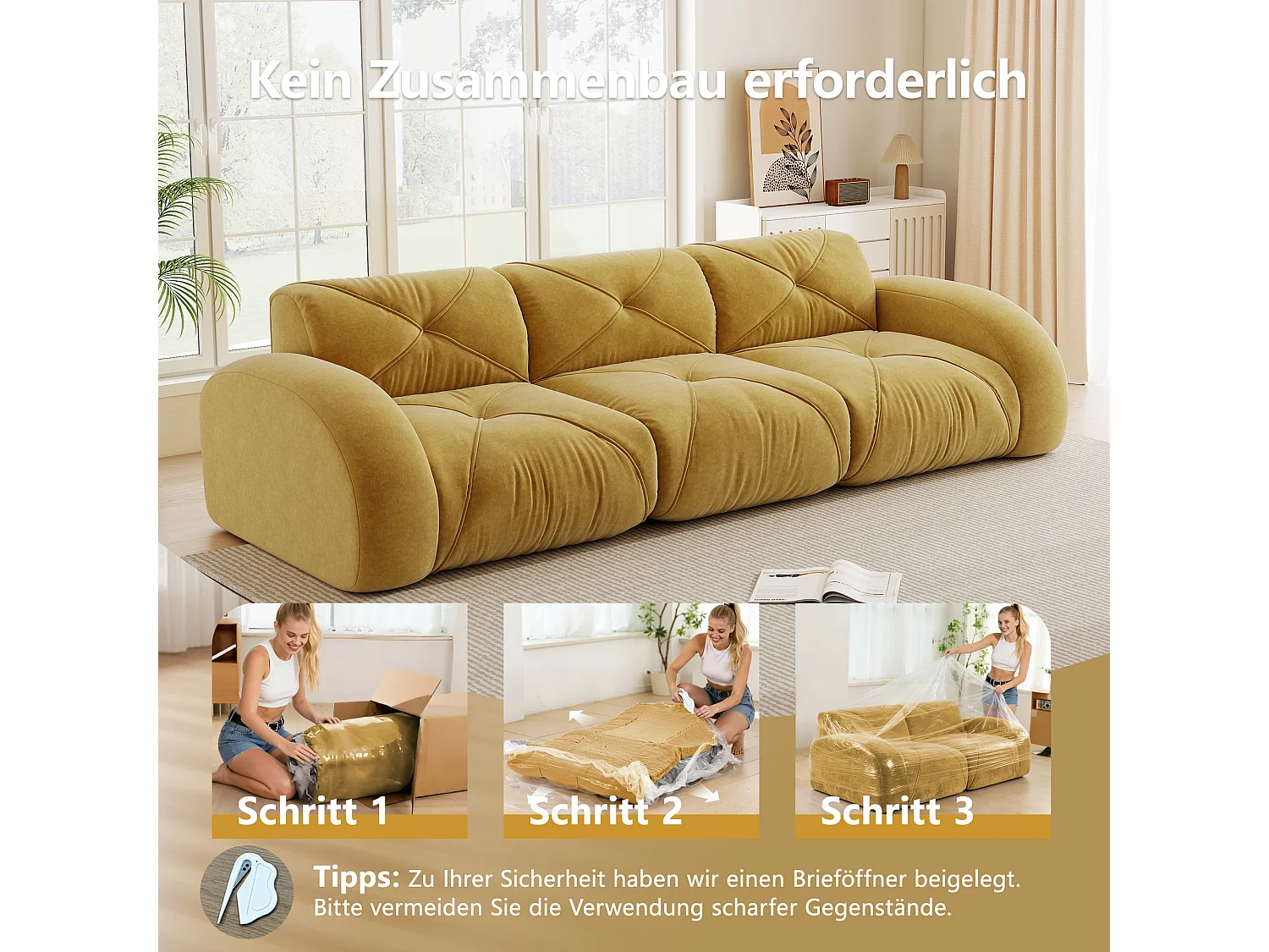 Canapé 3 Places Modulaire en Chenille, Design Minimaliste sans Cadre, Assise Profonde et Confortable - Jaune