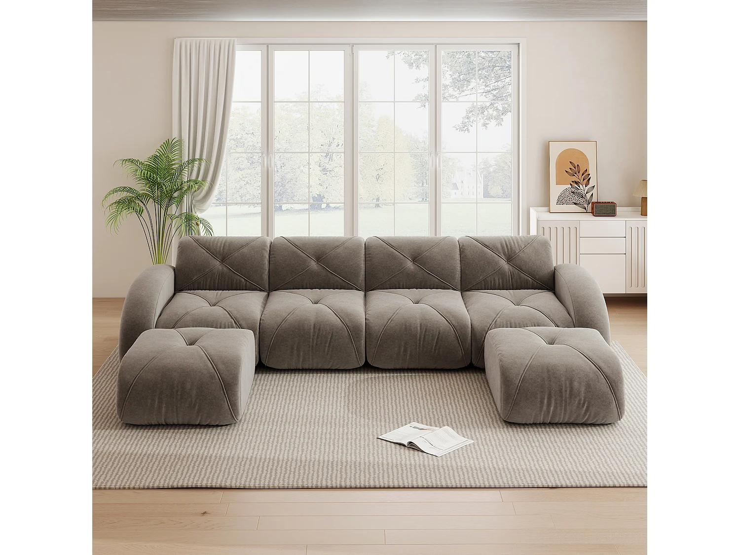 Canapé d'Angle Modulaire 4 Places avec 2 Poufs en Chenille, Design Minimaliste sans Cadre, Assise Profonde et Flexible - Marron