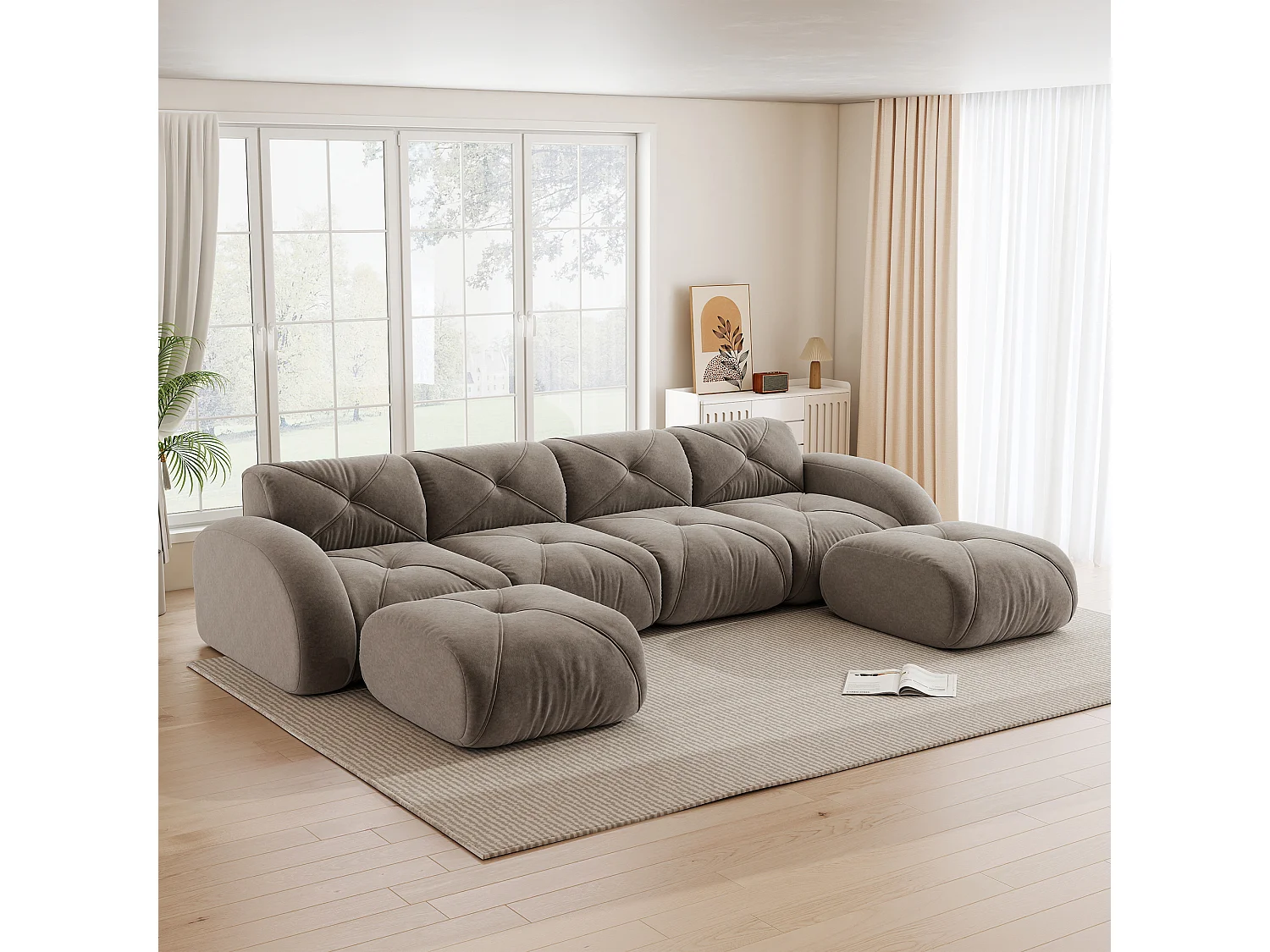 Canapé d'Angle Modulaire 4 Places avec 2 Poufs en Chenille, Design Minimaliste sans Cadre, Assise Profonde et Flexible - Marron