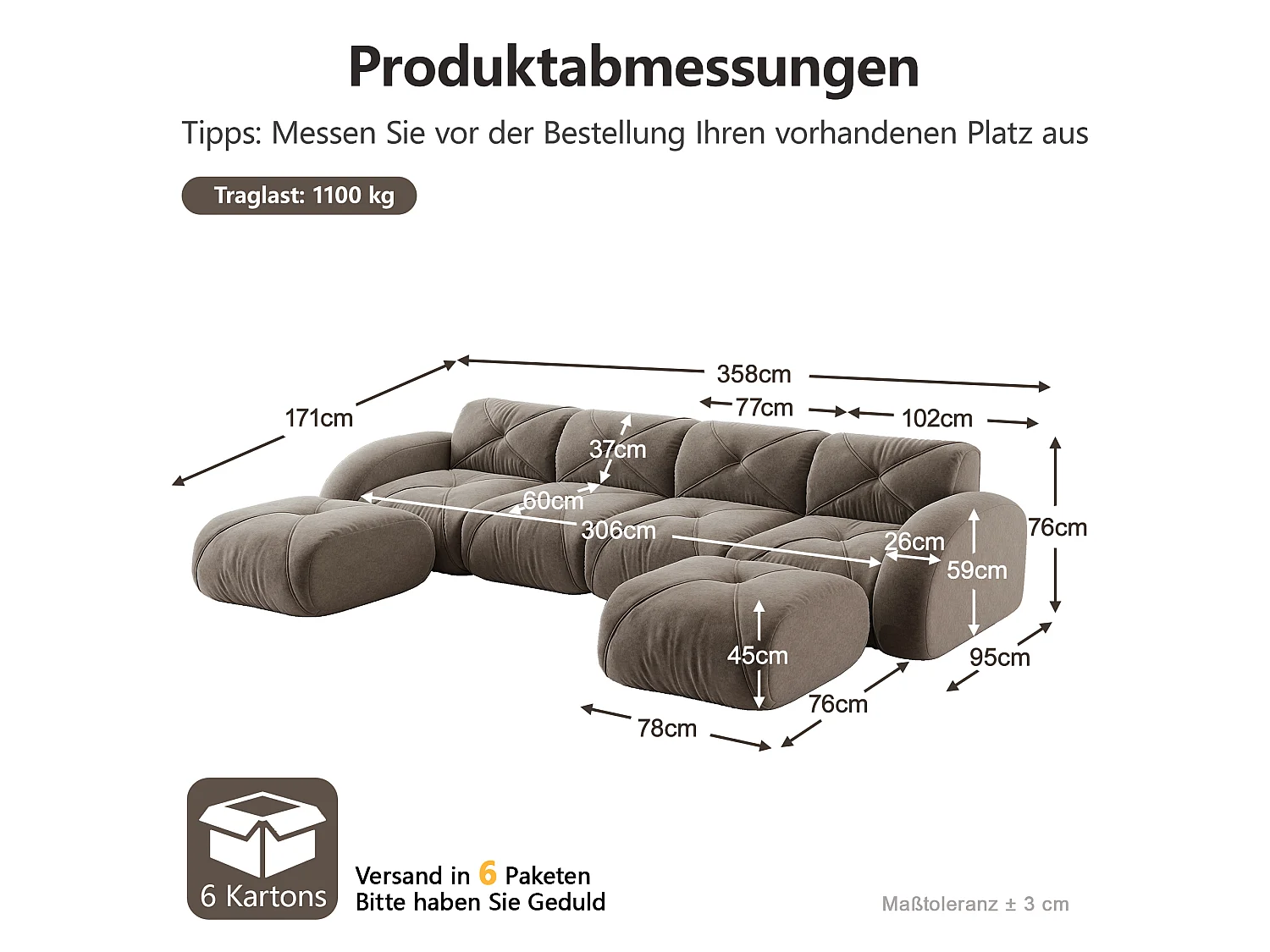 Canapé d'Angle Modulaire 4 Places avec 2 Poufs en Chenille, Design Minimaliste sans Cadre, Assise Profonde et Flexible - Marron