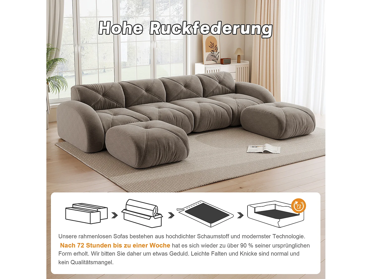 Canapé d'Angle Modulaire 4 Places avec 2 Poufs en Chenille, Design Minimaliste sans Cadre, Assise Profonde et Flexible - Marron