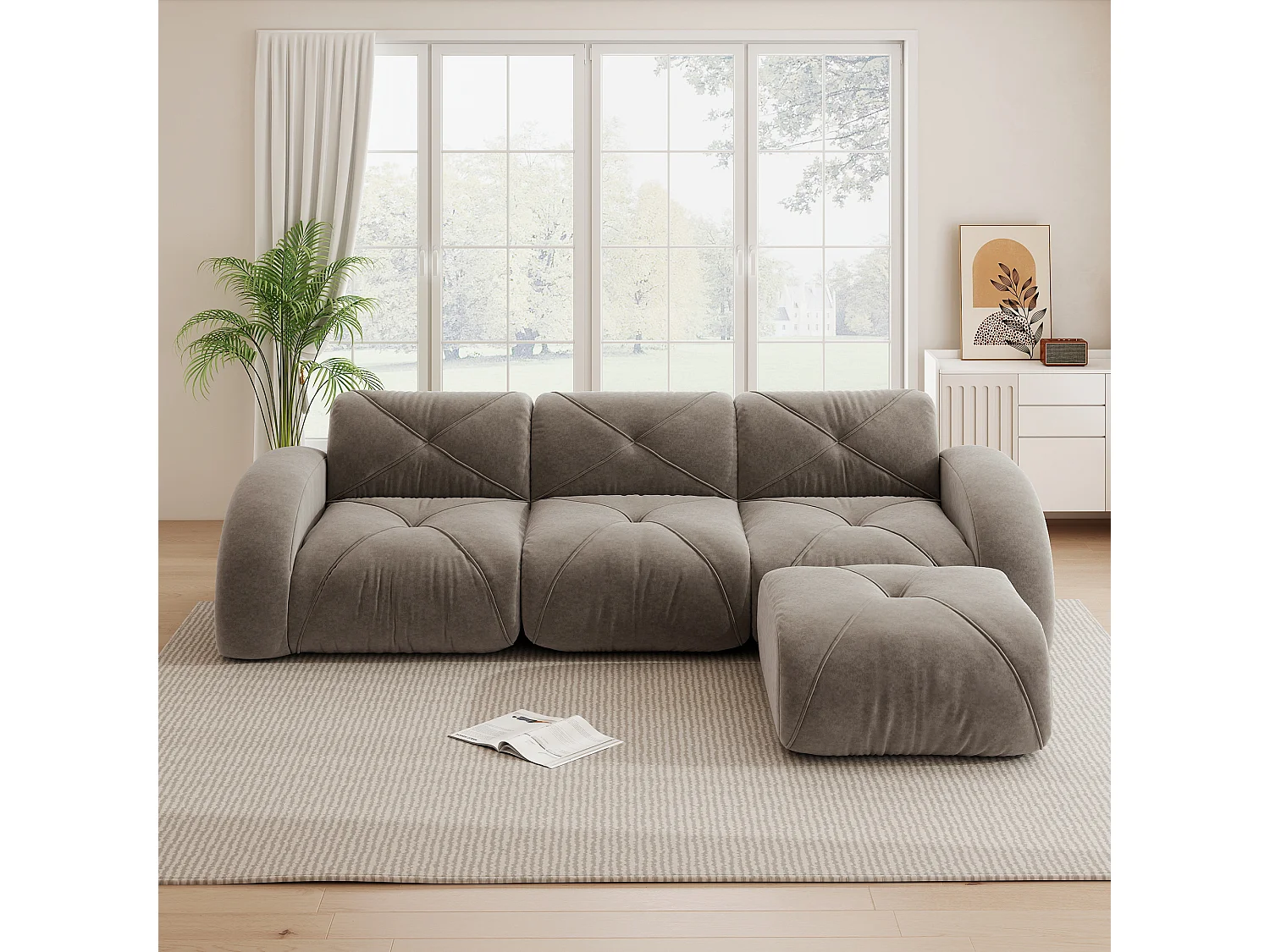 Canapé d'Angle Modulaire 3 Places avec Pouf en Chenille, Design Minimaliste sans Cadre, Assise Profonde et Flexible - Marron