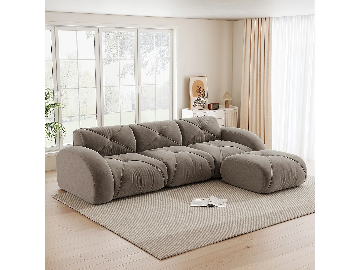 Canapé d'Angle Modulaire 3 Places avec Pouf en Chenille, Design Minimaliste sans Cadre, Assise Profonde et Flexible - Marron