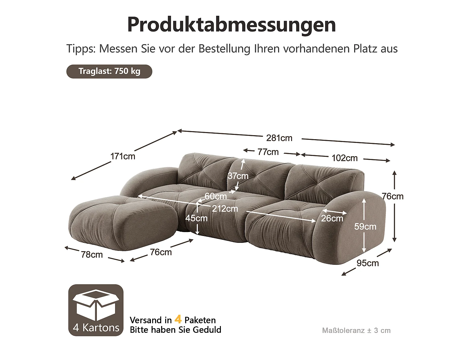 Canapé d'Angle Modulaire 3 Places avec Pouf en Chenille, Design Minimaliste sans Cadre, Assise Profonde et Flexible - Marron