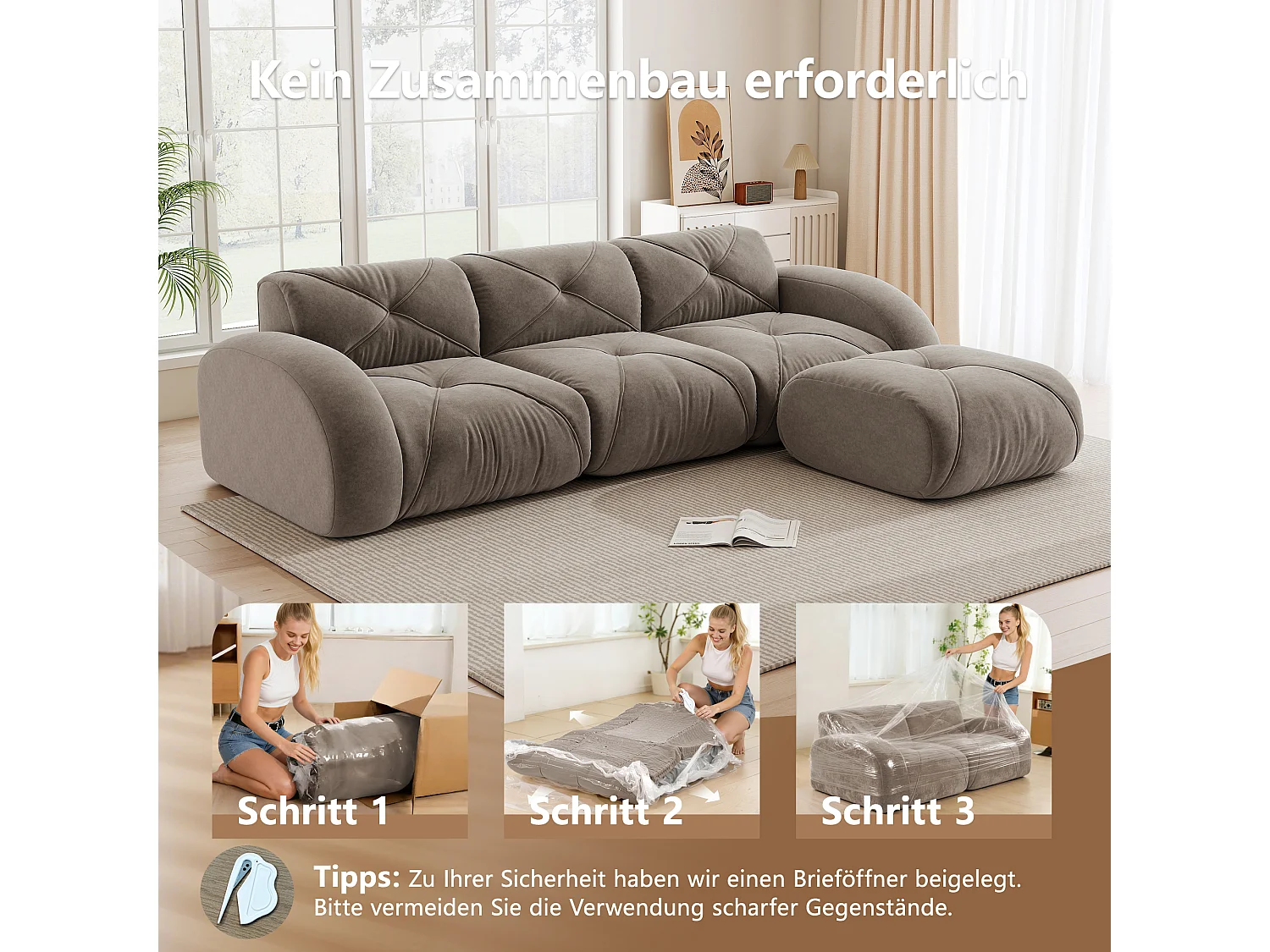Canapé d'Angle Modulaire 3 Places avec Pouf en Chenille, Design Minimaliste sans Cadre, Assise Profonde et Flexible - Marron