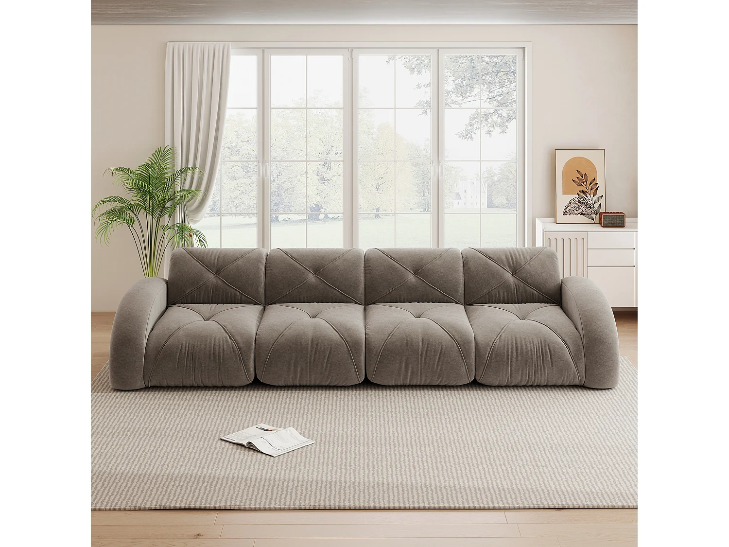 Canapé 4 Places Modulaire en Chenille, Design Minimaliste sans Cadre, Assise Profonde et Majestueuse - Marron