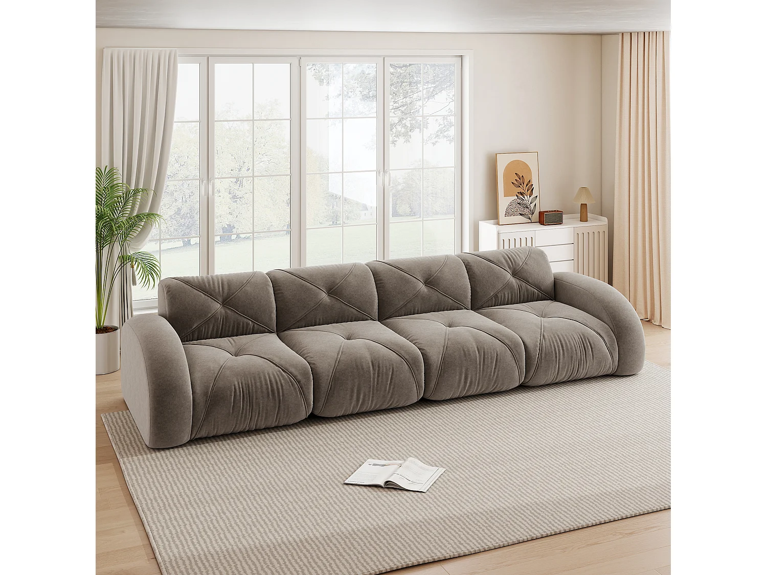 Canapé 4 Places Modulaire en Chenille, Design Minimaliste sans Cadre, Assise Profonde et Majestueuse - Marron