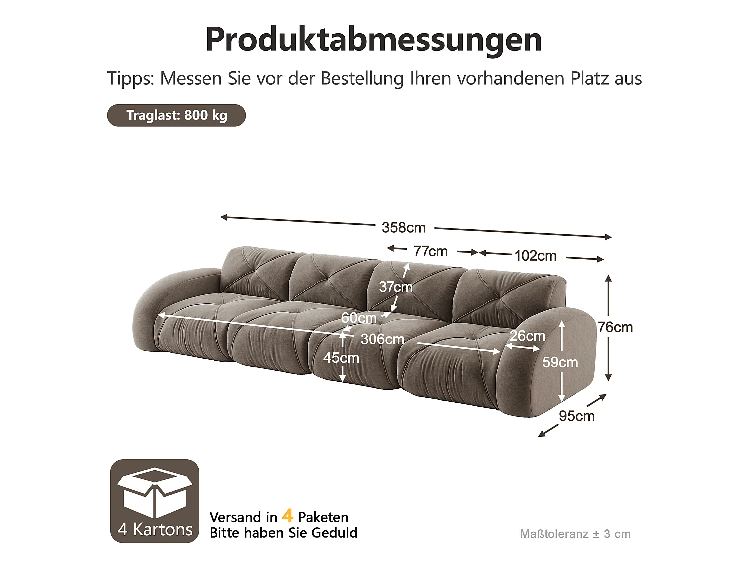 Canapé 4 Places Modulaire en Chenille, Design Minimaliste sans Cadre, Assise Profonde et Majestueuse - Marron