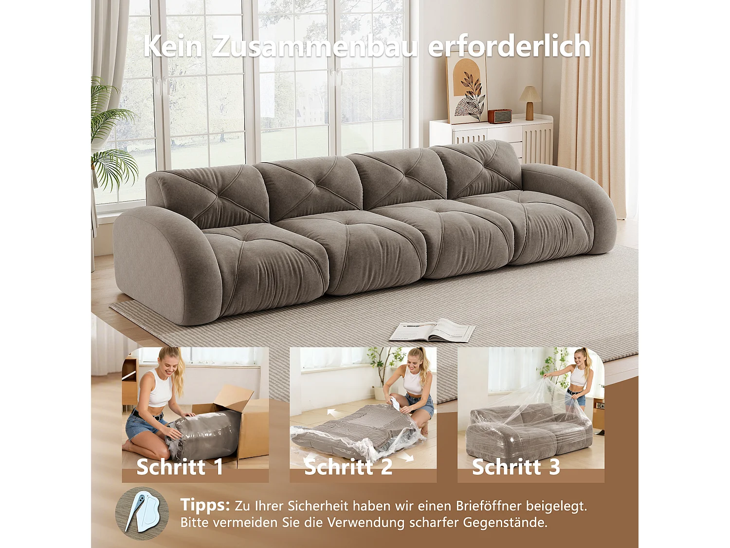 Canapé 4 Places Modulaire en Chenille, Design Minimaliste sans Cadre, Assise Profonde et Majestueuse - Marron