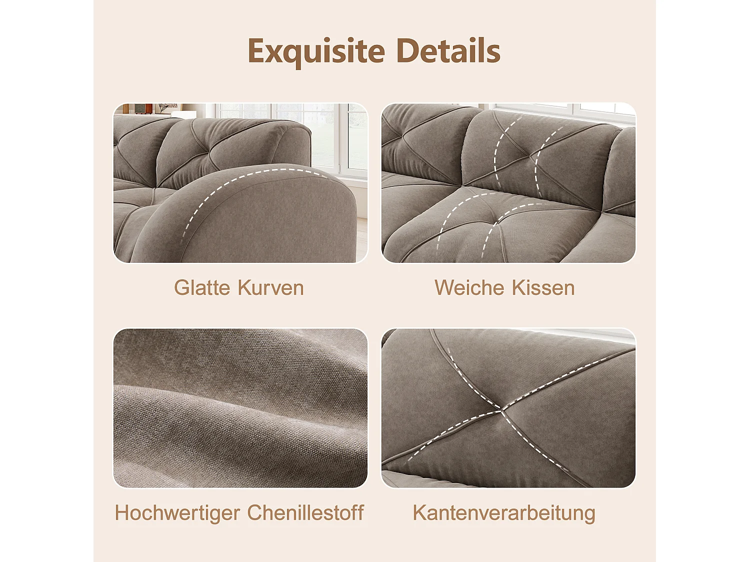 Canapé 4 Places Modulaire en Chenille, Design Minimaliste sans Cadre, Assise Profonde et Majestueuse - Marron
