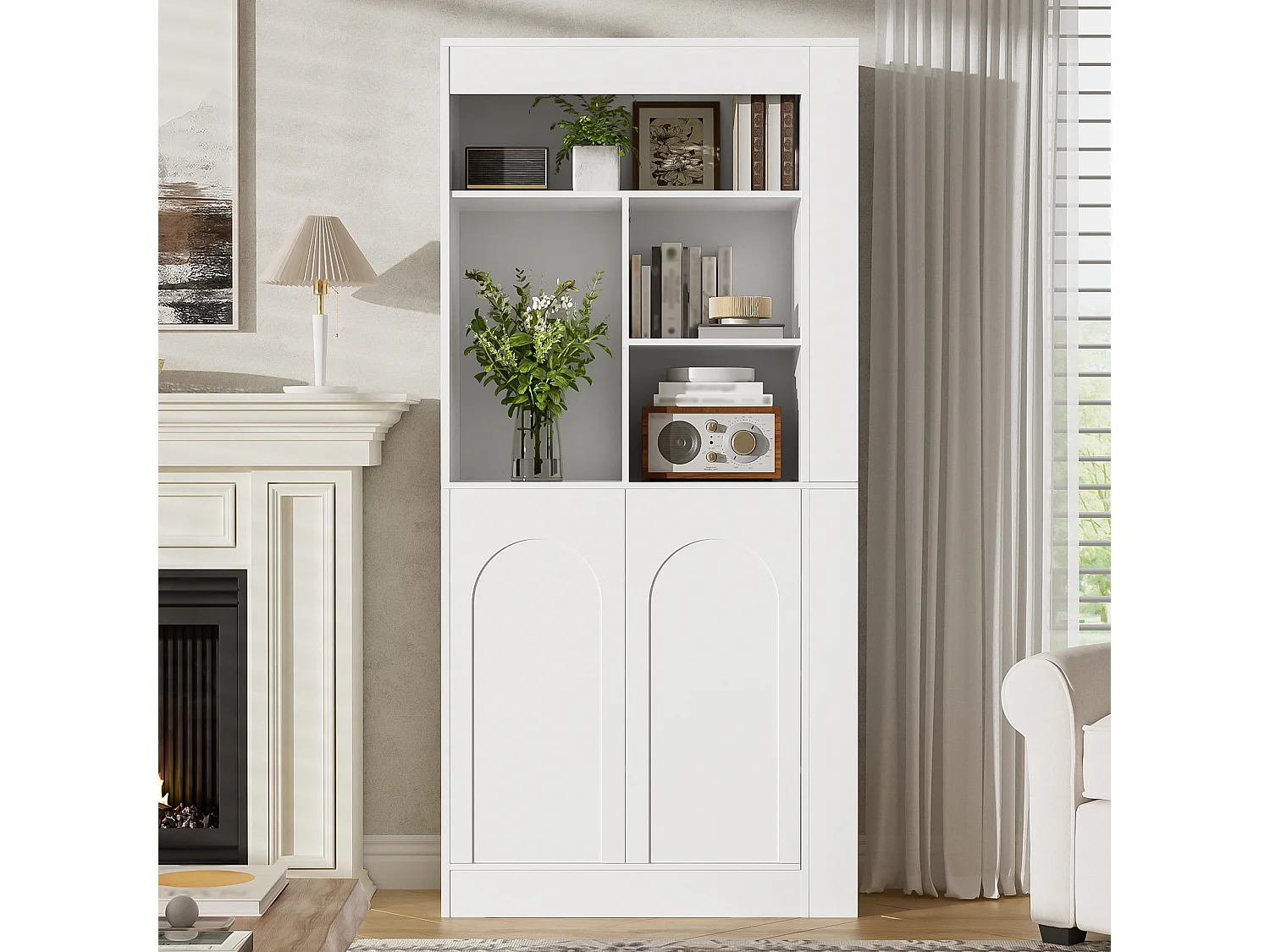Buffet hoch / Moderne Vitrine - mit 2 Türen - offene Regale - mit Seitenregalen - Weiß