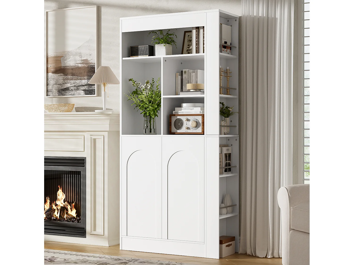Buffet hoch / Moderne Vitrine - mit 2 Türen - offene Regale - mit Seitenregalen - Weiß